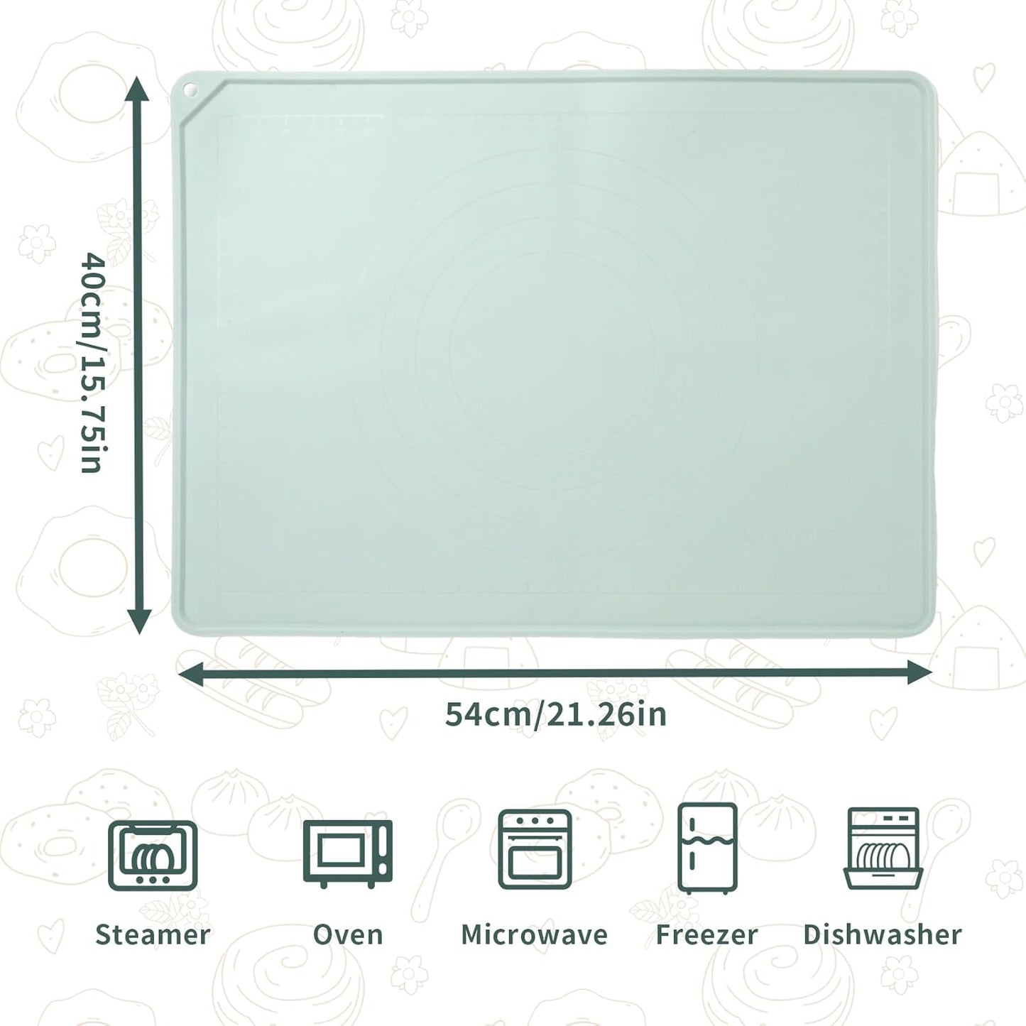 Silicone Baking Mat - Extra Thick Non-Stick Pastry Mat with Measurement Markings, 21"x15" Non-Slip Silicone Pad with Raised Edges (Light Green)