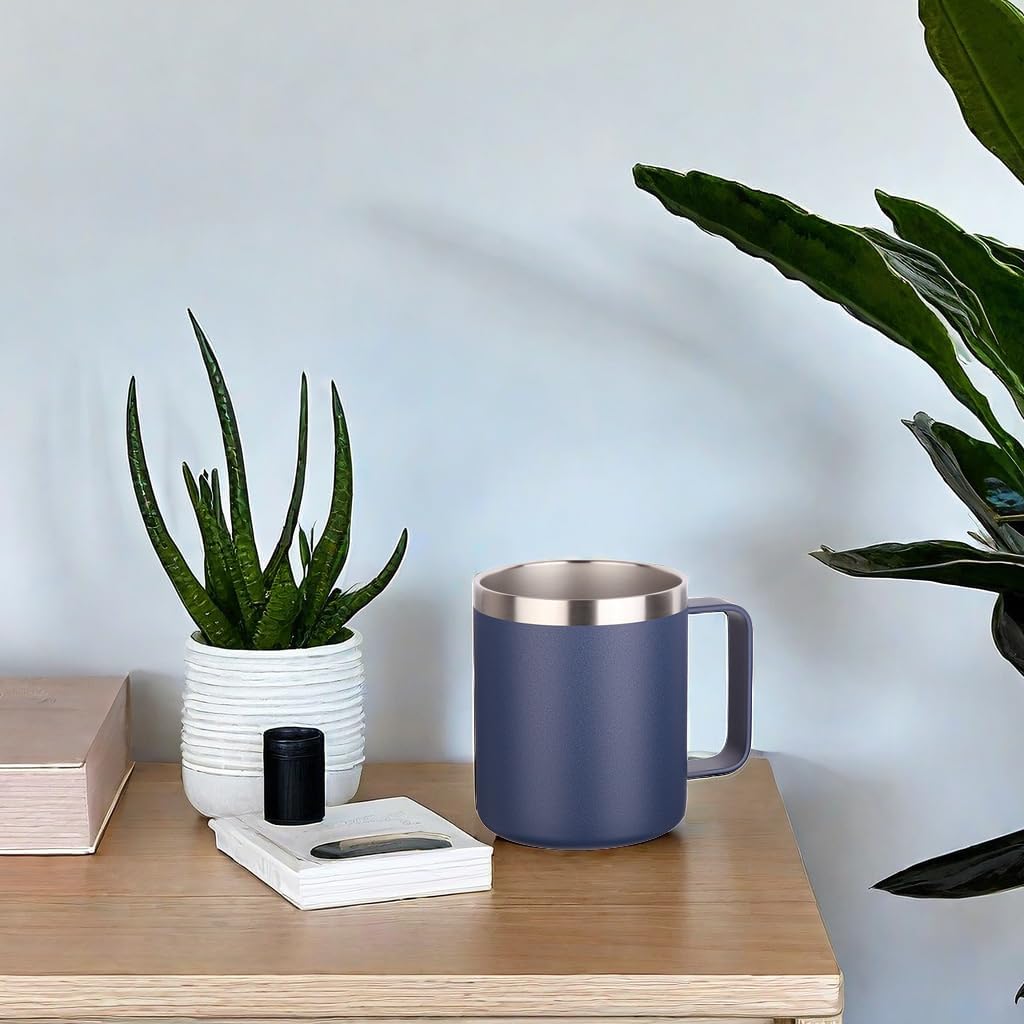 Volhoply 14oz Insulated Stainless Steel Coffee Mug with Leakproof Lid,Double Wall Vacuum Travel Coffee Cup with Handle,Reusable Metal Cups Tumbler,Camping Mugs Keep Hot&Cold,Ideal Gifts(Navy,1)