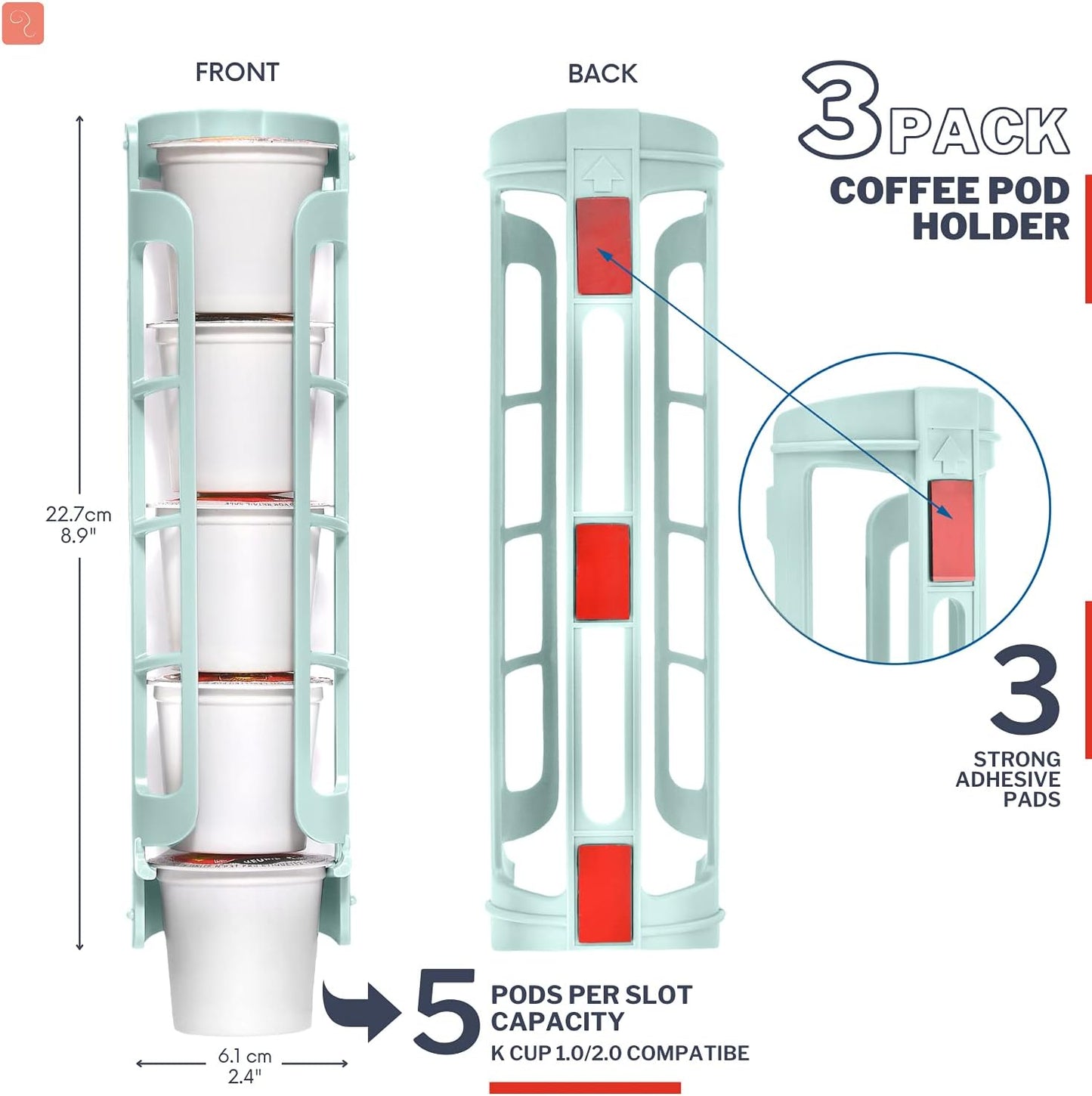 STORAGENIE K Cup Holder for Keurig K-cup,Coffee pod Storage, Side Mount | Wall Mount, Perfect for Small Counters (3 Rows/For 15 K Cups, OASIS BLUE)