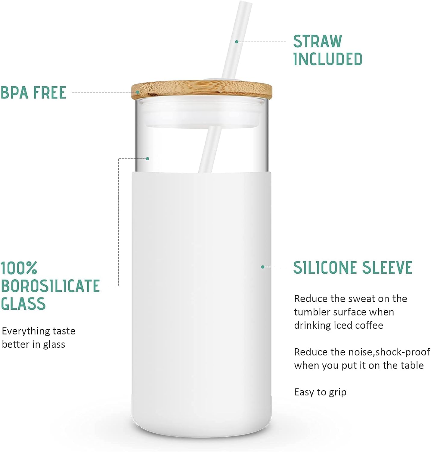 Tronco 20 oz Glass Tumbler with Lid and Straw, Reusable Iced Coffee Cup with Silicone Sleeve & Bamboo Lid, Smoothie Cup for Home,Office, for Father Men Day Gift from Wife Daughter Son (Blackish Green)