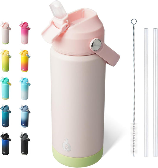 BJPKPK Insulated Water Bottle with Straw Lid, 18oz Thermos Water Bottles, Flex Handle & Non-slip Boot, BPA Free Leak Proof Stainless Steel Metal Thermos, Tumblers, Cups,Pearl Pink