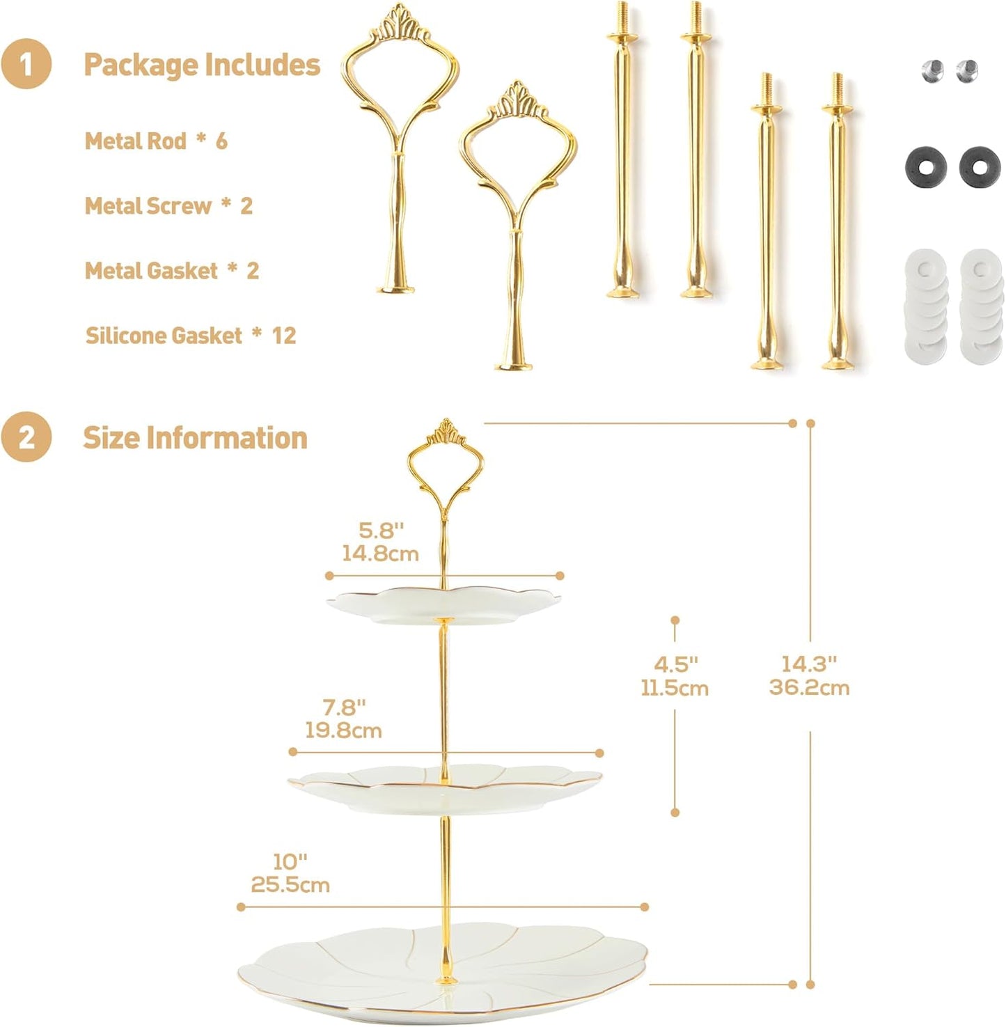 DUJUST 2pcs Porcelain 3-Tier Cupcake Stand Tower, British Style Serving Tray with Golden Trim, Food Grade Dessert Display Stand, Beautiful Gift for Tea Party & Home Décor