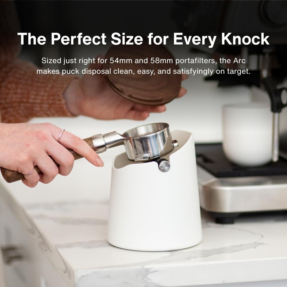 CREMA Coffee Products Arc Knock Box | Holds 12–16 Espresso Pucks| Durable,Stain-ResistantBuild withNon-Slip Base|Elegant WalnutPlastic Lid Design| EasyClean-Up &Moisture Control|White Finish