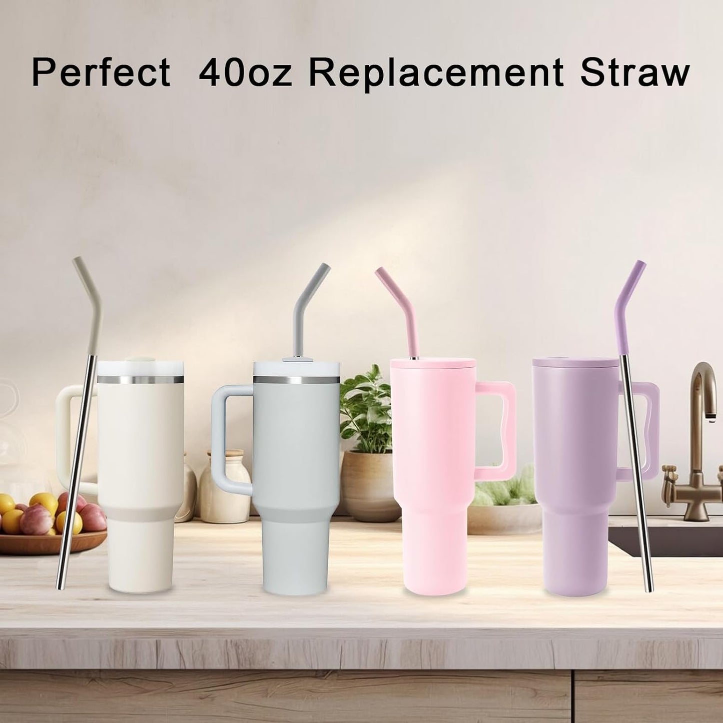 Replacement Straws for 40oz Tumblers,Metal Straws Reusable Compatible with Stanley 40oz Cup, 40 oz Tumbler Straw,4 Pack 12" Extra Long Stainless Steel Straws with Silicone Tips and Cleaner Brush