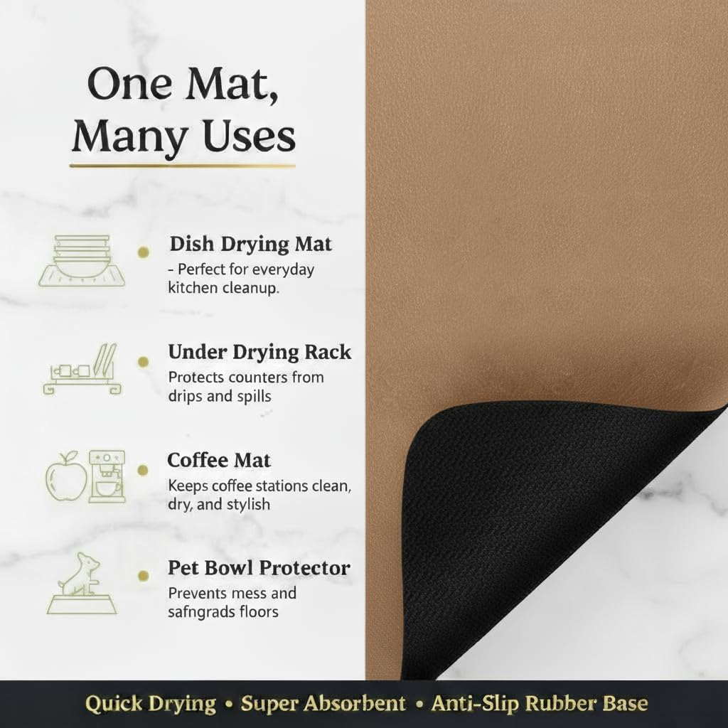 Dish Drying Mat Super Absorbent – 16" x 18" Coffee Mat for Countertops – Non-Slip Drying Mat for Kitchen Counter – Easy to Clean Water Absorbent Mat – Large Dish Drying Mats (Brown)