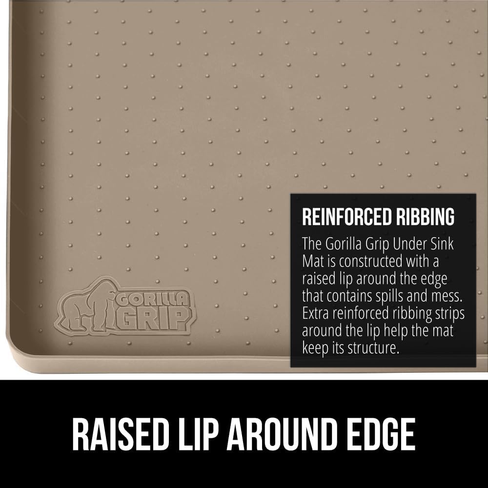 GORILLA GRIP Waterproof Silicone Under Sink Mat with Raised Lip for Kitchen and Bathroom, Cabinet Shelf Liner Stay in Place Mats Dishwasher Safe Drawer Liner, Organizer Tray, 19 x 34 in, Beige