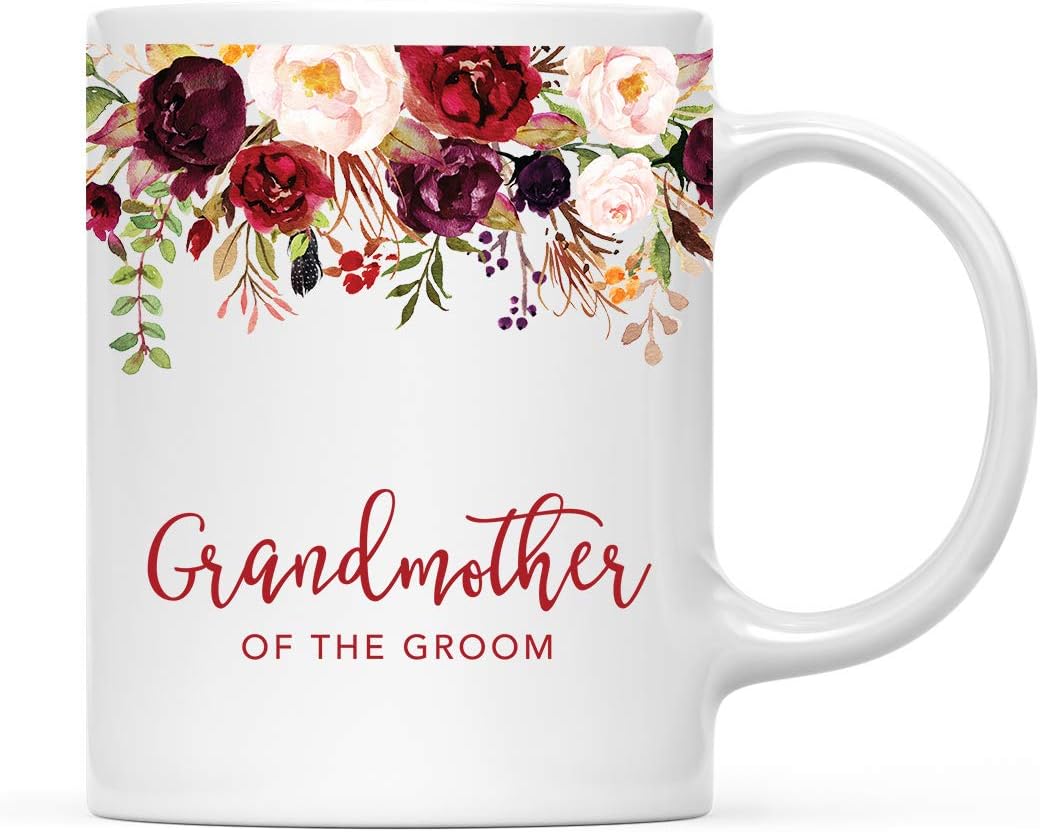 Andaz Press 11oz. Wedding Ceramic Coffee Tea Mug Gift, Fall Autumn Marsala Burgundy Flowers Roses Florals, Grandmother of the Groom, 1-Pack, Includes Gift Box