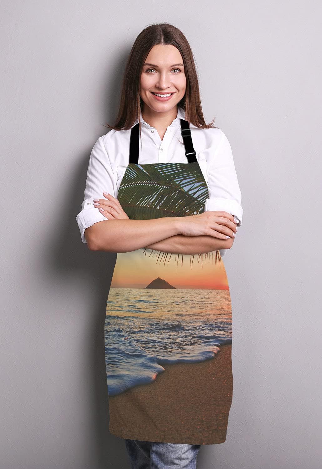 Pacific Sunrise At Lanikai Beach Adjustable Bib Apron, Hawaii Colorful Sky Wavy Cooking Kitchen Apron for Men Women