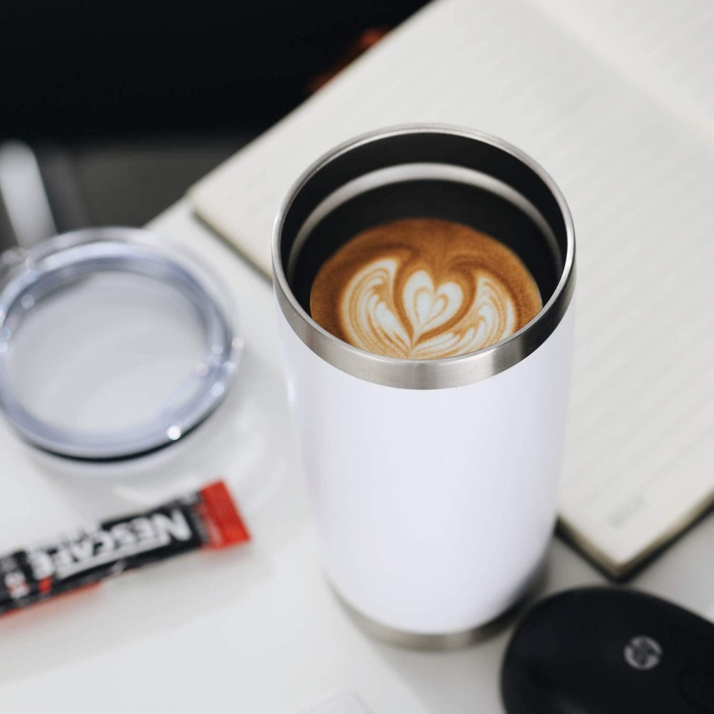 COMOOO 20oz/8Pack White Tumbler Double Wall Vacuum Insulated Coffee Travel Mug Stainless Steel Tumbler Bulk with Lid and Straw Powder Coated Insulated Coffee Cup for Cold & Hot Drinks (White, 8 Pack)