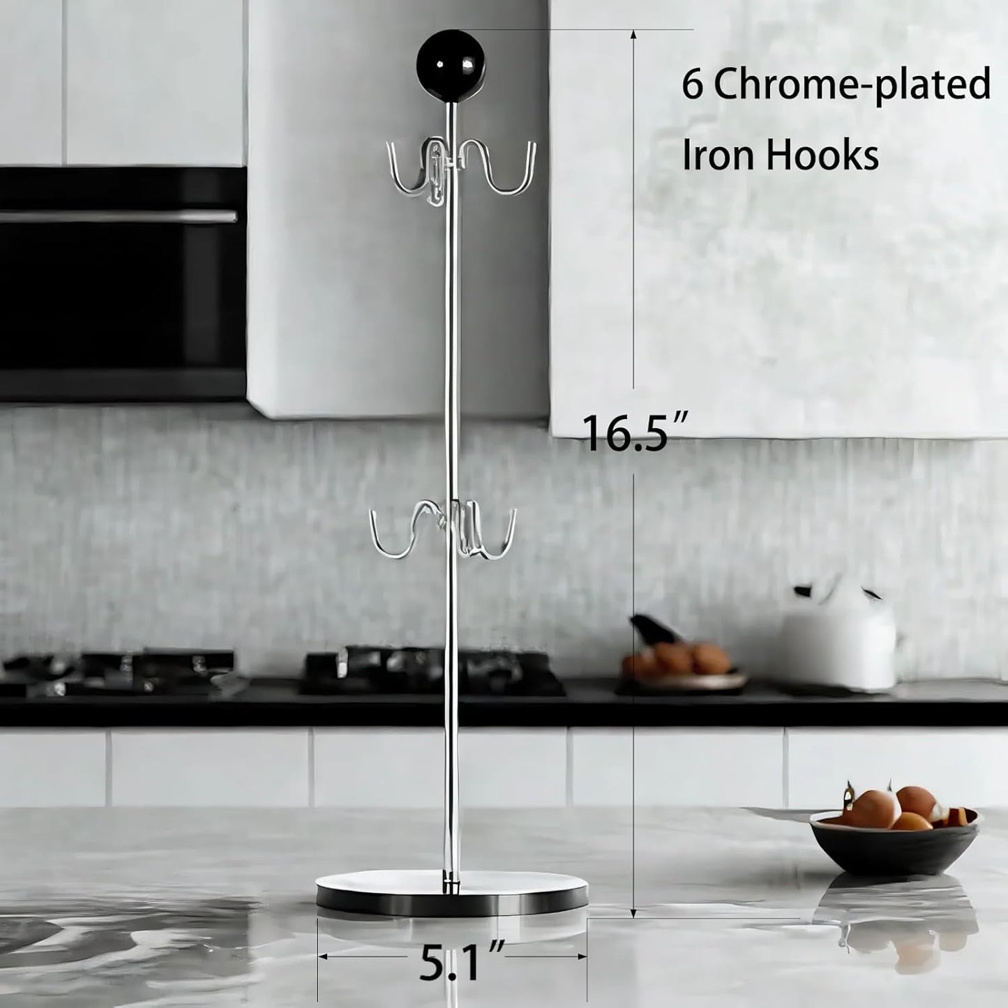 Mug Holder,6 Hooks Coffee Mug Tree for Counter,No Assembly Metal Cup Holder with Stable Acrylic Base,Mug Rack for Coffee Bar Accessories,Black