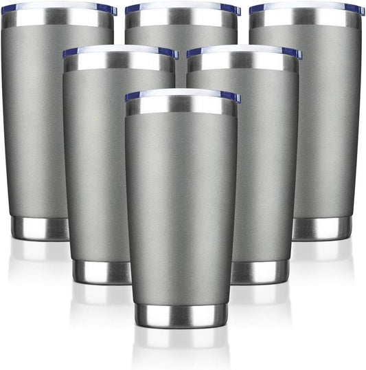 20oz Tumbler Bulk Stainless Steel Vacuum Insulated Tumblers with Lid Double Wall Travel Mug, Durable Powder Coated Coffee Cup, Suitable for Ice Drinks and Hot Beverage (Gray 6pack)