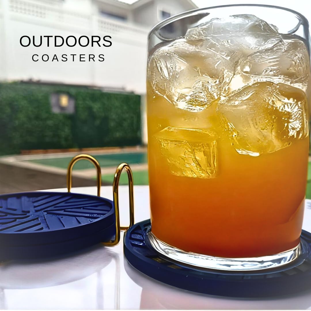 Coasters Set of 6 - Non-Slip Table Coasters for Drinks, Mugs, Glasses, Cups, Bottles - Round Pads with Stylish Groove Patterns & Gold Holder Stand - 4", 0.23" (Navy Blue)