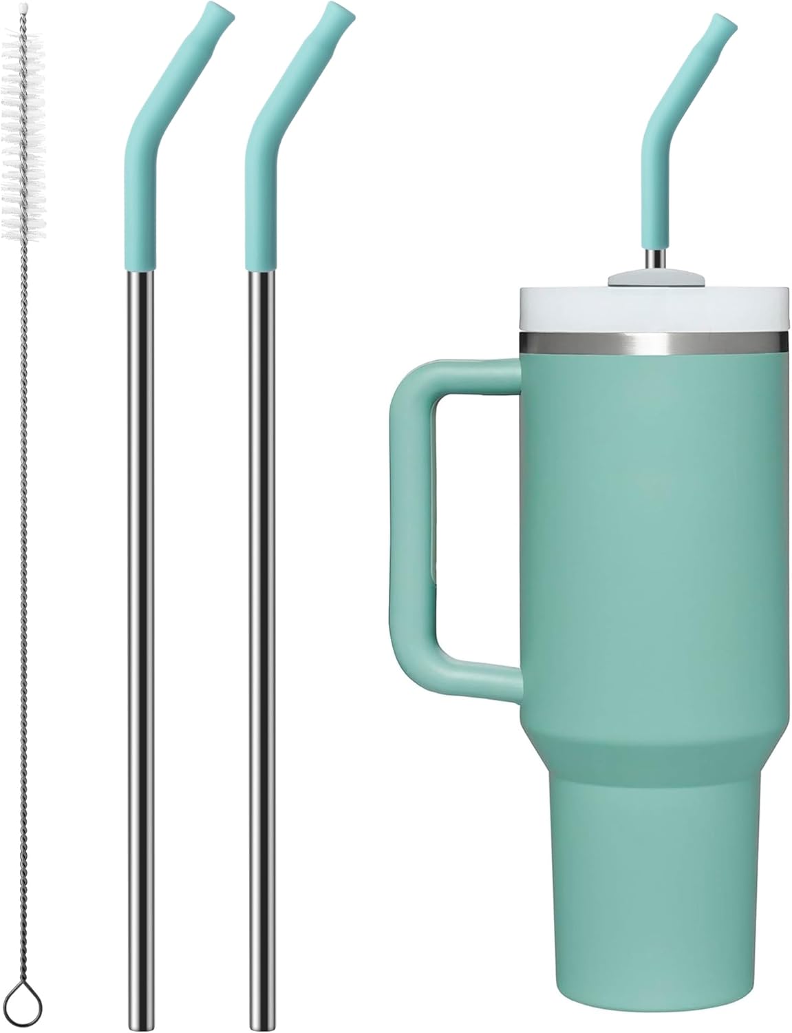 2 Pcs Stainless Steel Straws for 40 oz Stanley Tumbler, Replacement 40 oz Stanley Cup Straw Accessories with Silicone Tips and Cleaning Brush (Light Green)