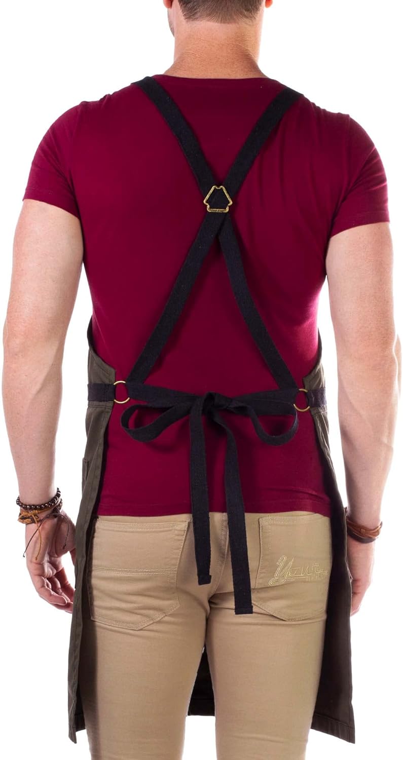 Under NY Sky Cross-Back Moss Green Apron – Durable Twill with Leather Reinforcement and Split-Leg – Adjustable for Men and Women – Pro Chef, Tattoo, Baker, Barista, Bartender, Stylist, Server Aprons
