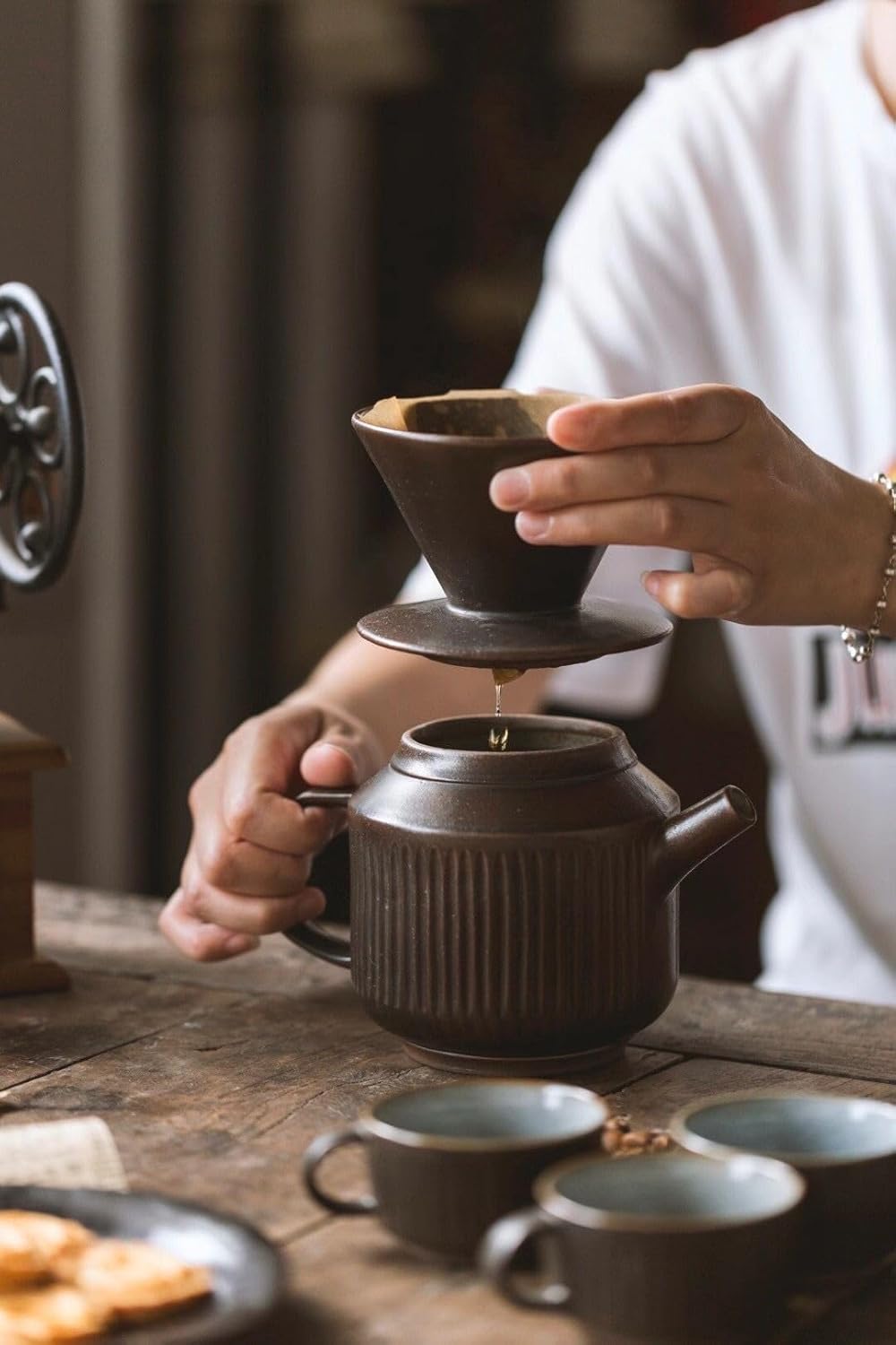 Ceramic Pour Over Coffee Maker, Retro Hand Drip Coffee Dripper, Portable Pourover Cone Filter Coffee Brewer for Camping, Travel, Office, Family, Single Serve, Antique Copper Brown