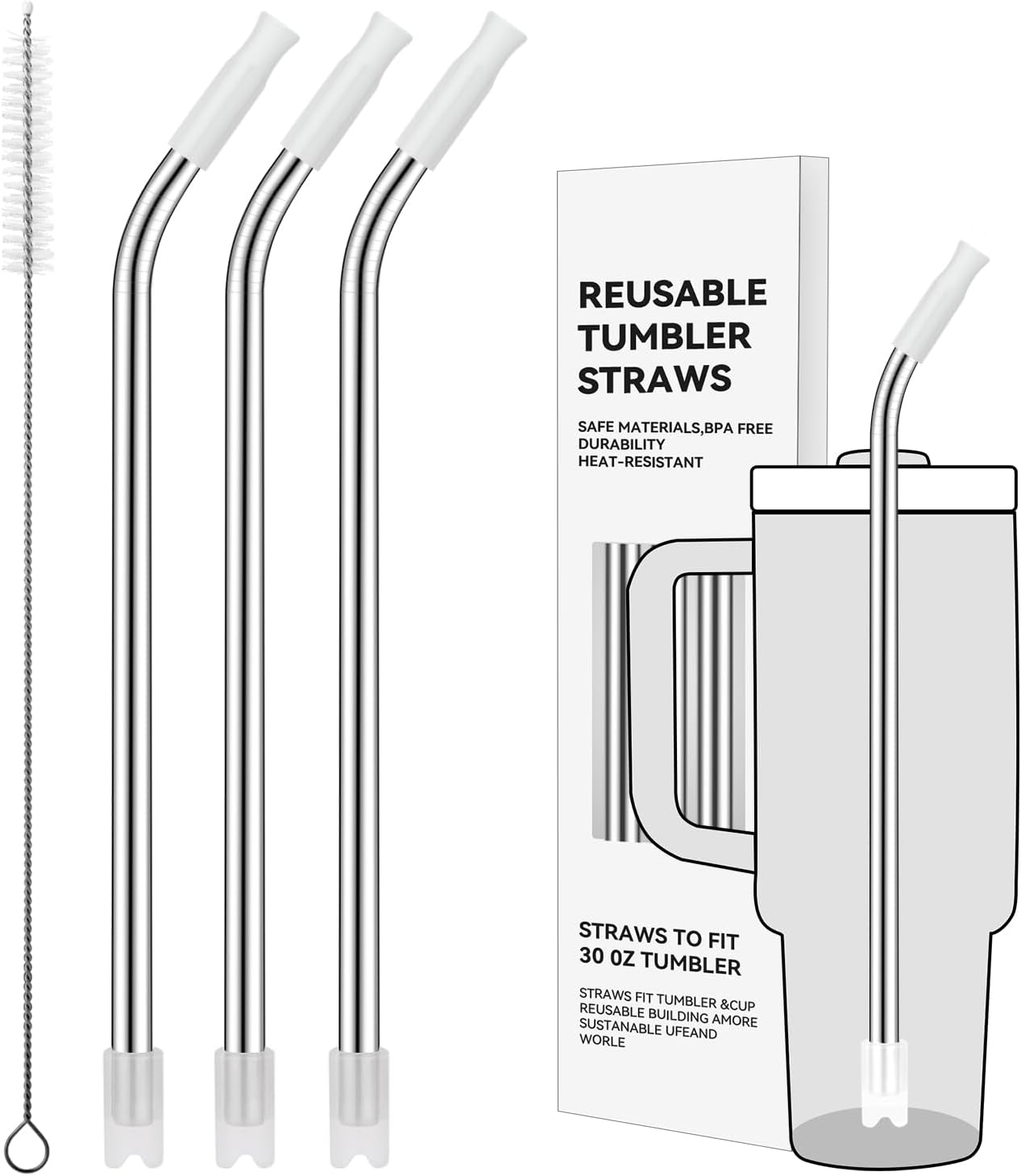 Reusable Stainless Steel Straws with Silicone Tip for Stanley 30oz, Metal Drinking Straws for 30oz Tumbler,3 Bent Tubes & 6 Tips& 1 Cleanr Brush (Transparent)
