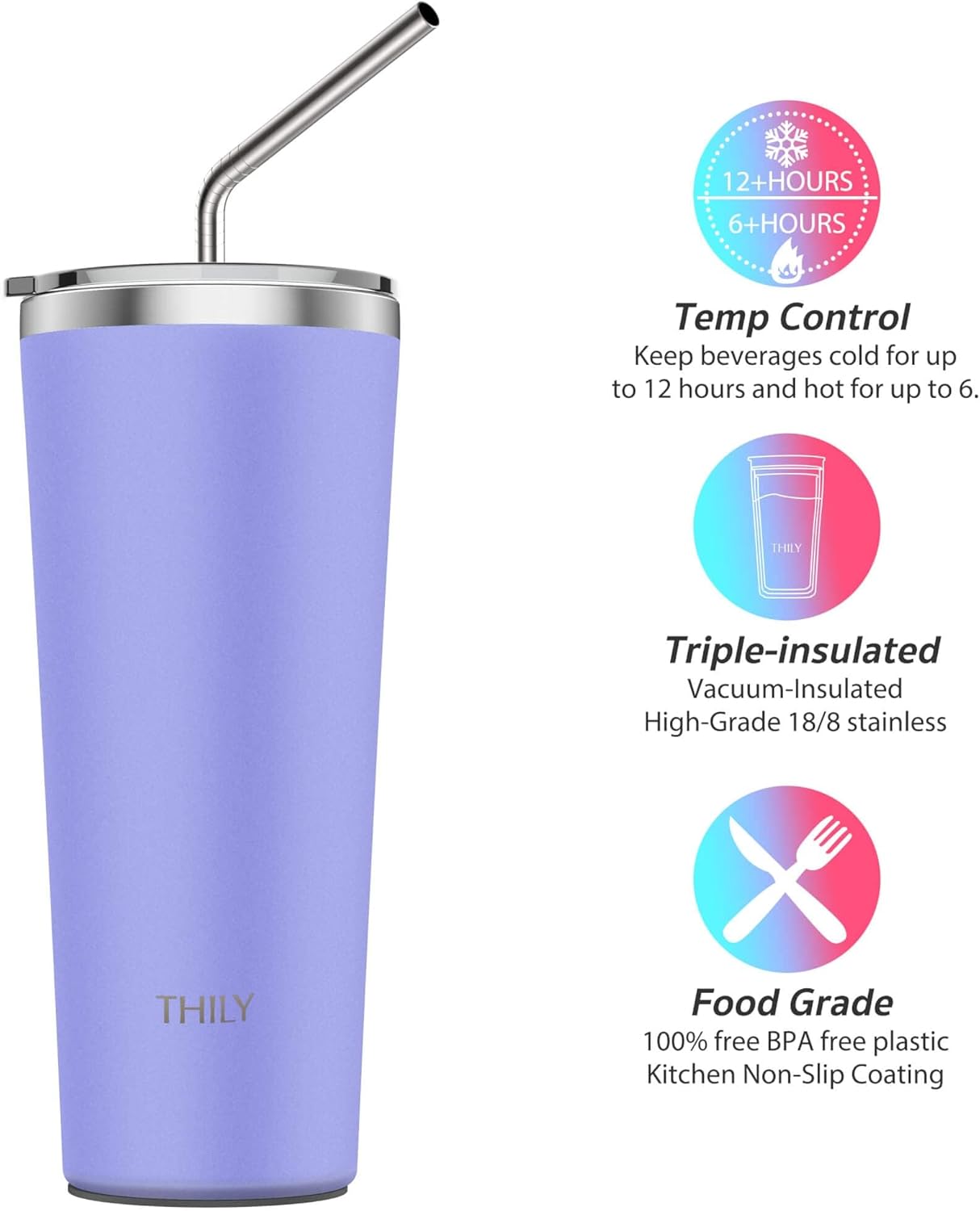 THILY Tumbler Stainless Steel Travel Mug 26 oz Triple-Insulated Coffee Cup with 2 Lids and Straws, Reusable, Powder Coated, Splash-Proof, Keep Ice Drinks Cold, Lavender
