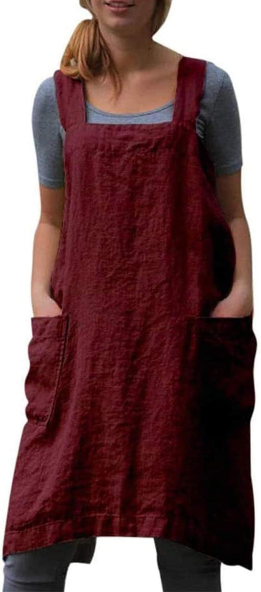 YESDOOD Cotton Linen Apron Cross Back Apron for Women with Pockets Pinafore Dress for Baking Cooking