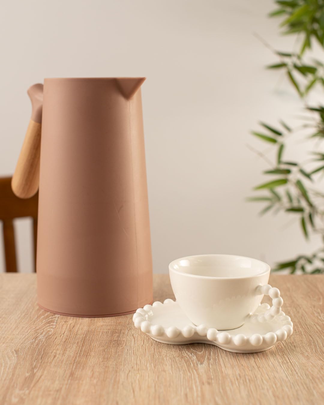 WOLFF - Thermal Coffee Carafe – 34oz/1L Insulated Food-Safe Plastic Exterior and Glass Liner, Wood-Style Handle – Keeps Drinks Hot or Cold for Hours, Coffee and Tea Dispenser - Nude Pink, 34floz/1L