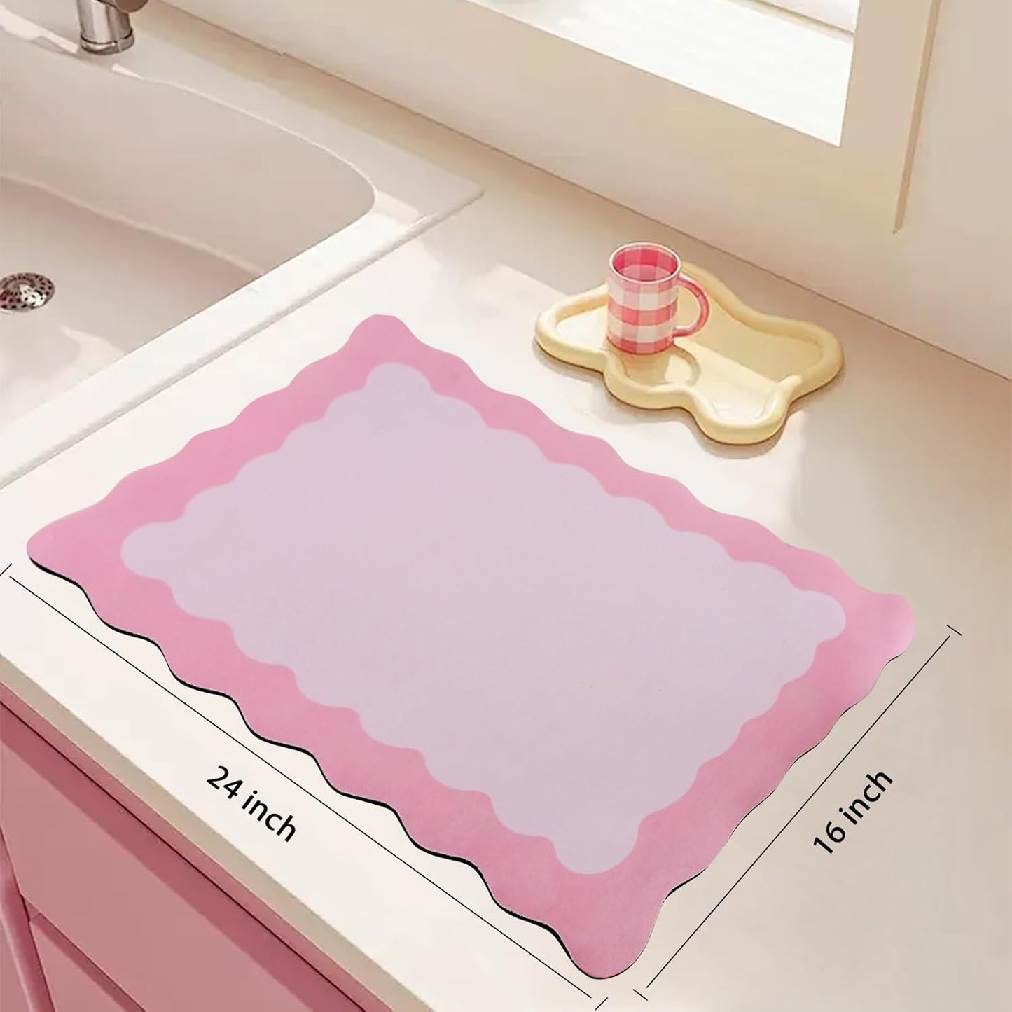 Scalloped Coffee Bar Mat for Countertop, Cute Dish Drying Mats for Kitchen Counter, Diatomite Absorbent Mat for Coffee Station, Kitchen Aesthetic Decor (16"x24", Pink)