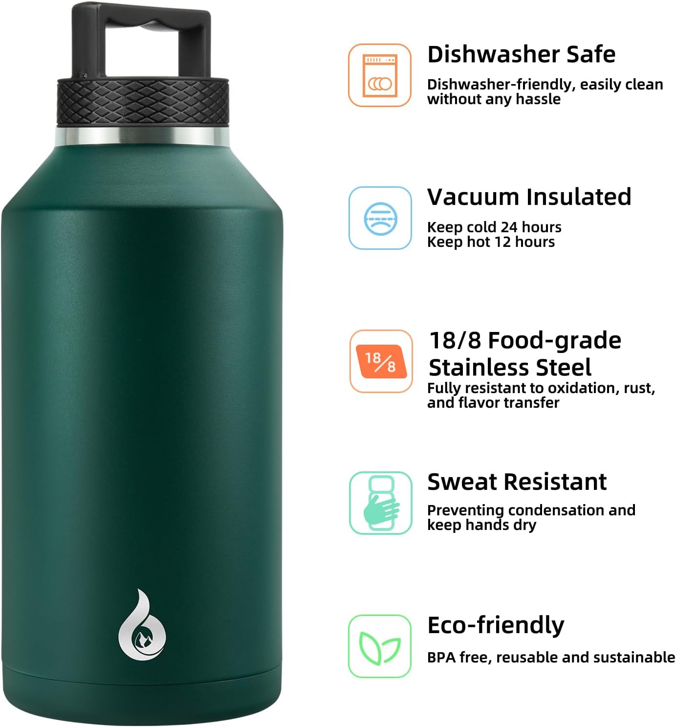 BJPKPK Half Gallon Water Bottle Insulated, Dishwasher Safe 64 oz Water Bottle with Handle, Leakproof BPA Free Water Jug, Large Stainless Steel Thermos for Sports, Army Green