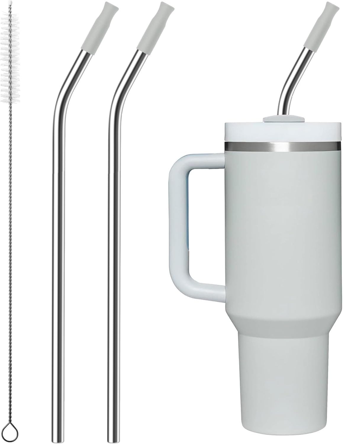 Repeatable Metal Straw with Silicone Tips for 30 oz Stanley Tumbler, 2 Pcs 30 oz Stainless Steel Straws Replacement for Stanley Tumbler, 1 Straw Brush, BPA Free（Light Gray）