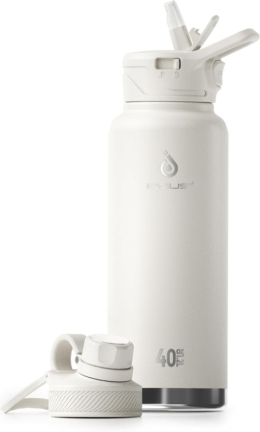 IDEUS Insulated Stainless Steel Water Bottle with 2 Leak-Proof Lids, Thermal Water Flask for Hiking Biking, 40oz, White