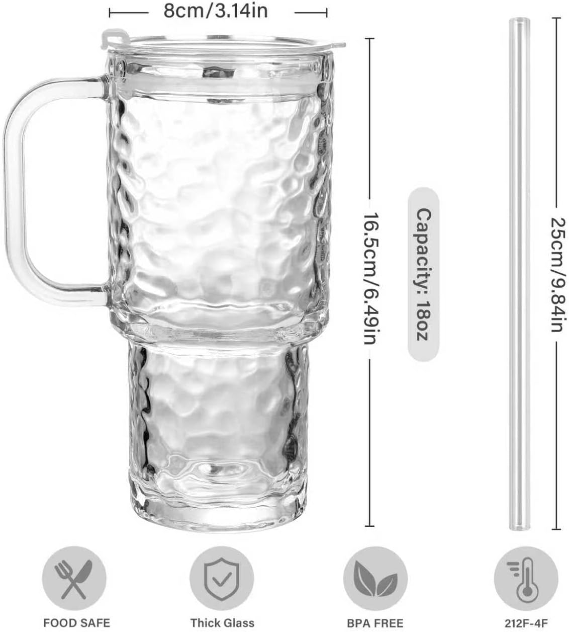 2 Pack 18oz Vintage Glass Cups With Handle, Iced Coffee Cups With Lid And Straw, Thicked Wall Glass Tumbler For Water, Juice, Beers, Drinking Jar with Lid sealed Carry On Cup