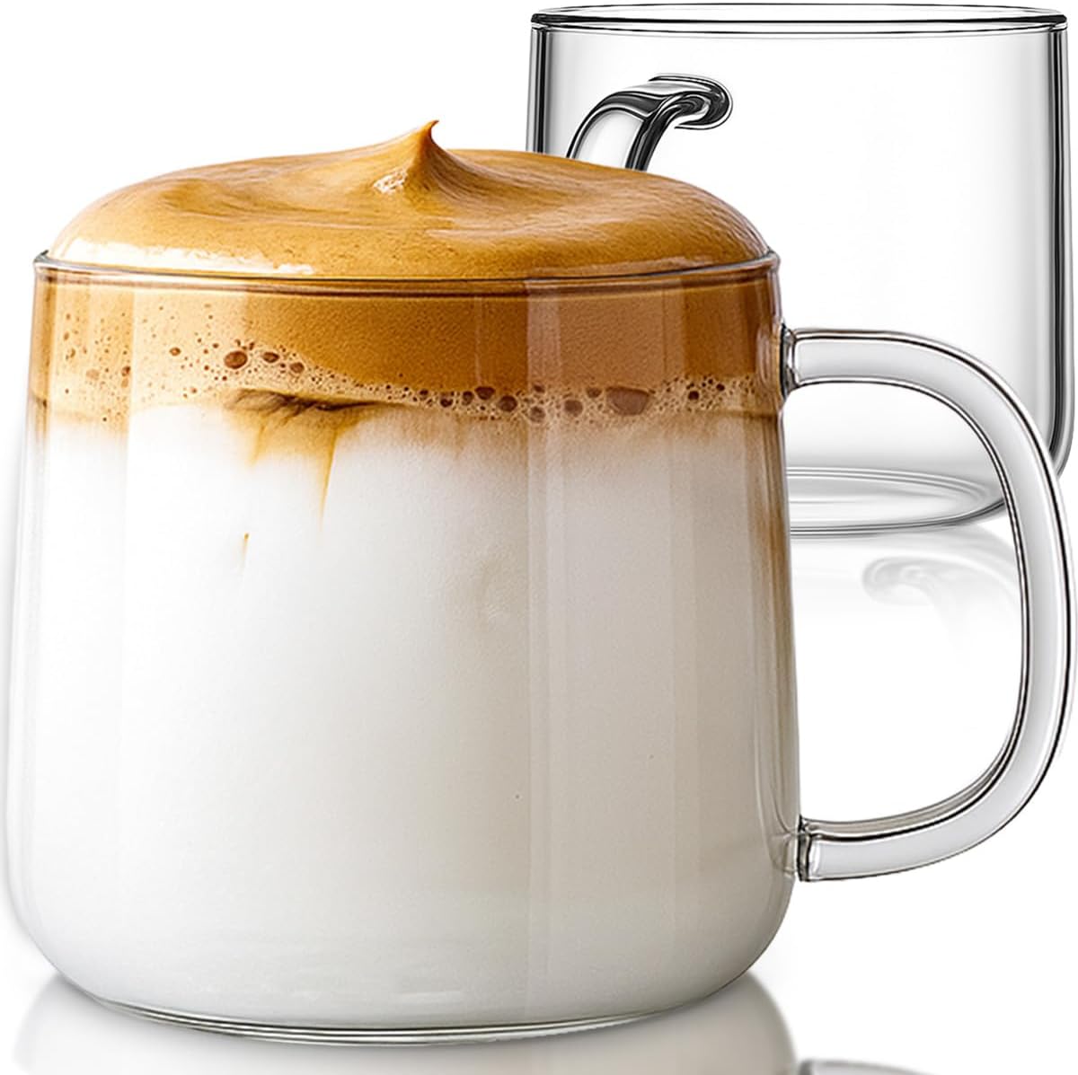 Aquach 20 oz Large Glass Coffee Mugs with Handle Set of 2 - Clear Glass Cups for Latte, Cappuccino, and Tea