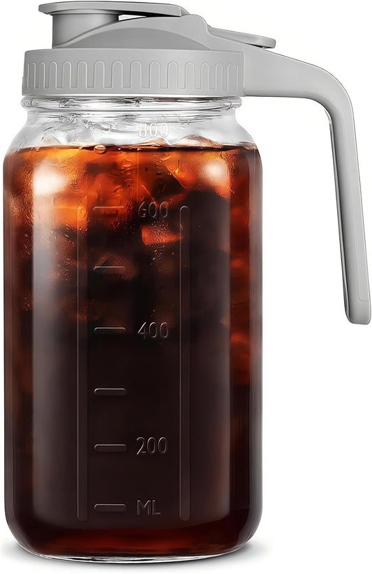 32oz Glass Pitcher with Handle and Lid, 1 Quart Mason Jar Pitcher - Airtight & Leakproof Water Jug with Pour Spout Lid, Glass Containers for Fridge, Perfect for Juice, Cold Brew, Iced & Sun Tea
