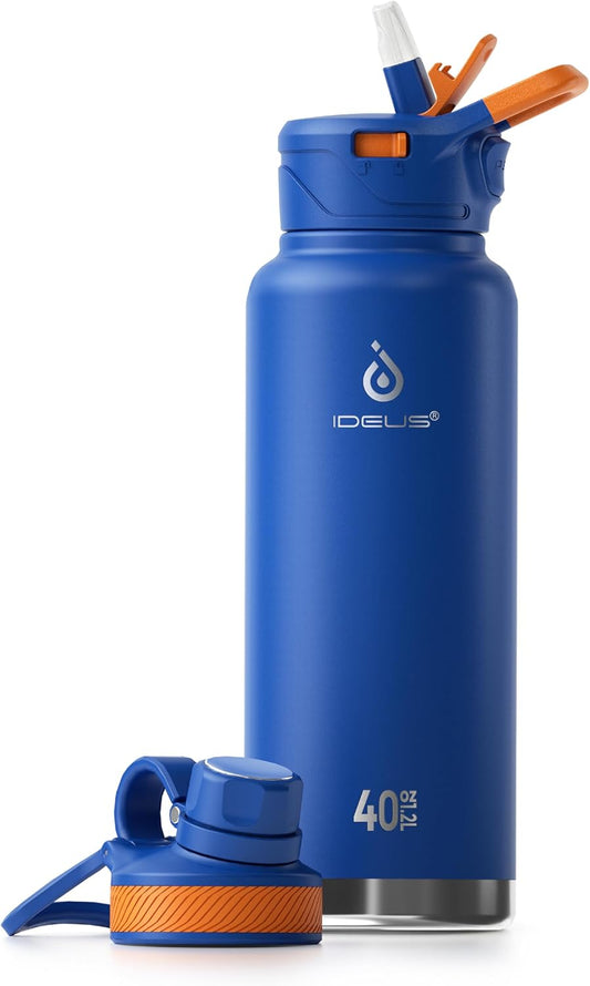 IDEUS Insulated Stainless Steel Water Bottle with 2 Leak-Proof Lids, Thermal Water Flask for Hiking Biking, 40oz, Bright Blue