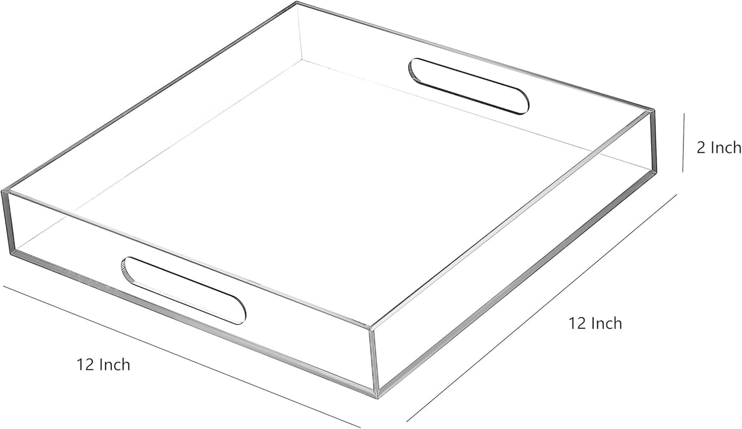 Clear Sturdy Acrylic Serving Tray with Handles-12x12 Inch-Serving Coffee,Appetizer,Breakfast,Butler-Kitchen Countertop Makeup Drawer Organizer-Vanity Table,Ottoman Tray