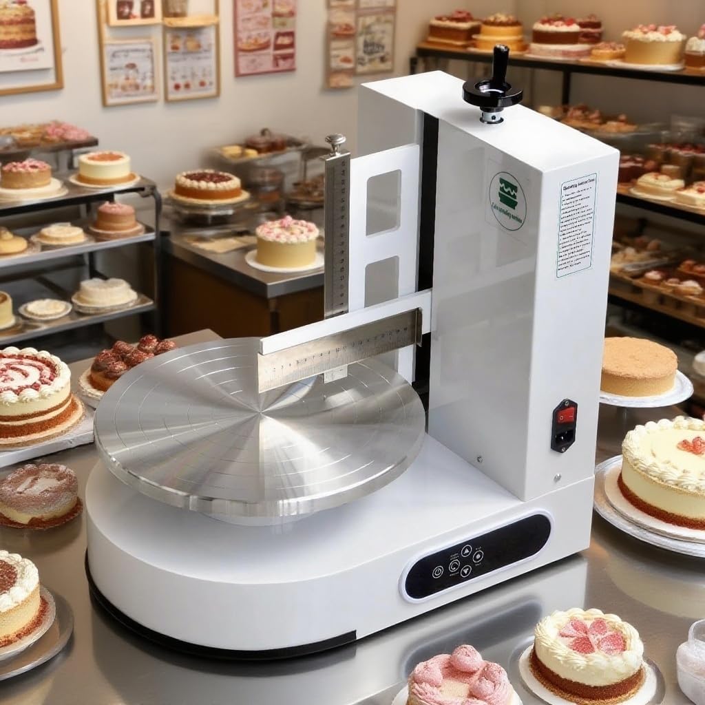 Semi Automatic Birthday Cake Smoothing Coating Machine, AC110V 6-14in Cake Cream Spreading Machine, Cakes Decorating Cream Coating Machine Turntable with Graduated Scraper, Baking Supplies (White)