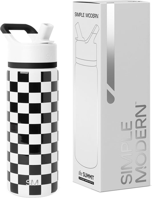 Simple Modern Kids Water Bottle with Straw Lid | Vacuum Insulated Stainless Steel Metal | Reusable Leak Proof BPA-Free Thermos for School | Summit Collection | 18oz, Black and White Checkmate
