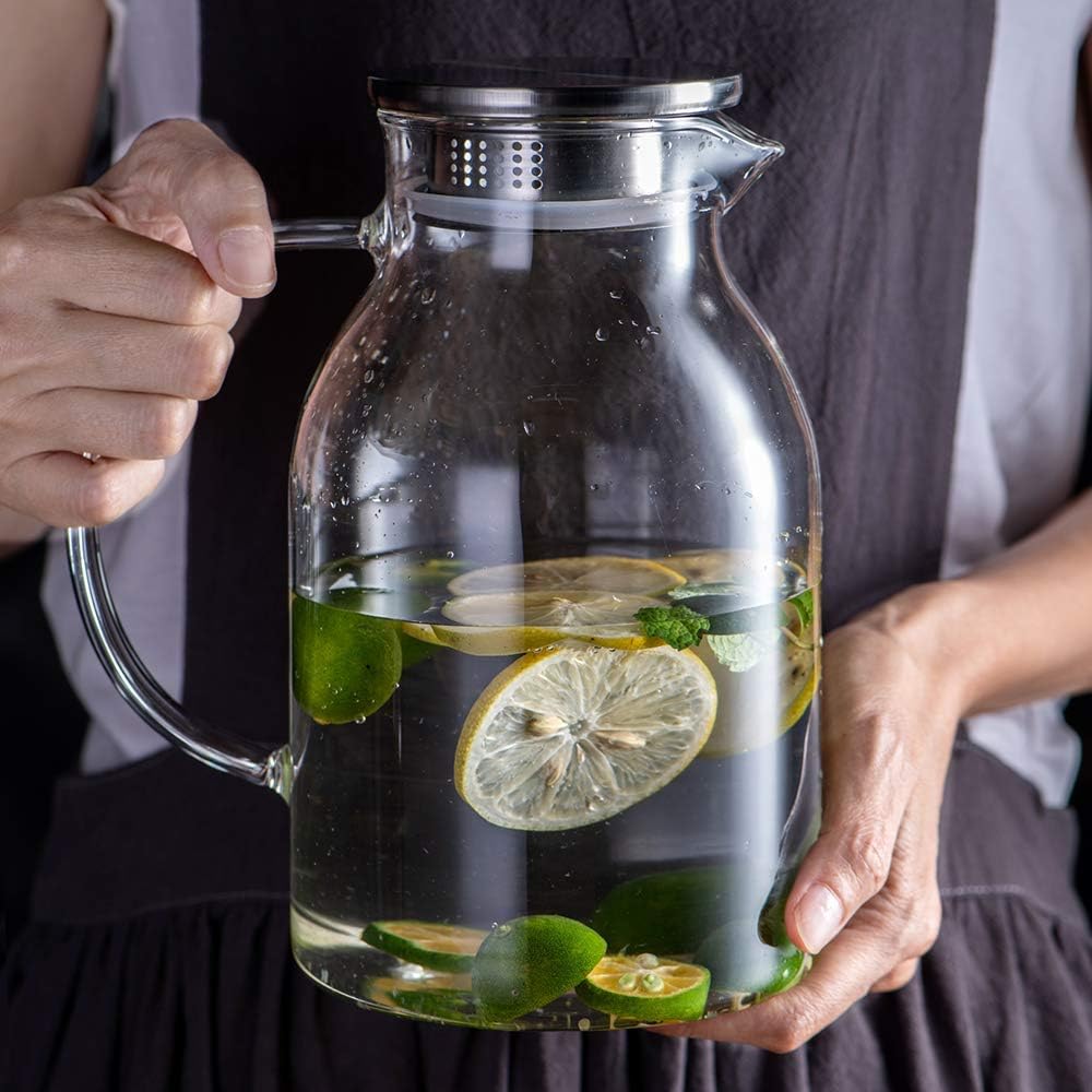 68OZ Glass Pitcher with Lid and Spout - High Heat Resistance Pitcher for Hot/Cold Water & Iced Tea (2.0L)