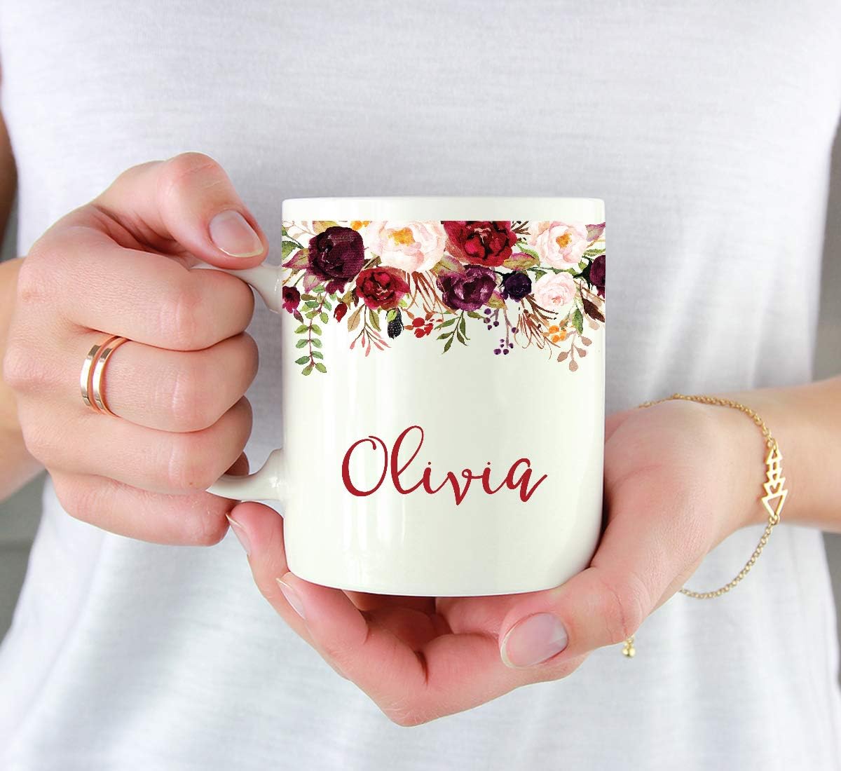 Andaz Press Personalized 11oz. Wedding Ceramic Coffee Tea Mug Bridesmaid Gift, Fall Autumn Marsala Burgundy Flowers Roses Florals, Olivia, 1-Pack, Includes Gift Box, Custom Name