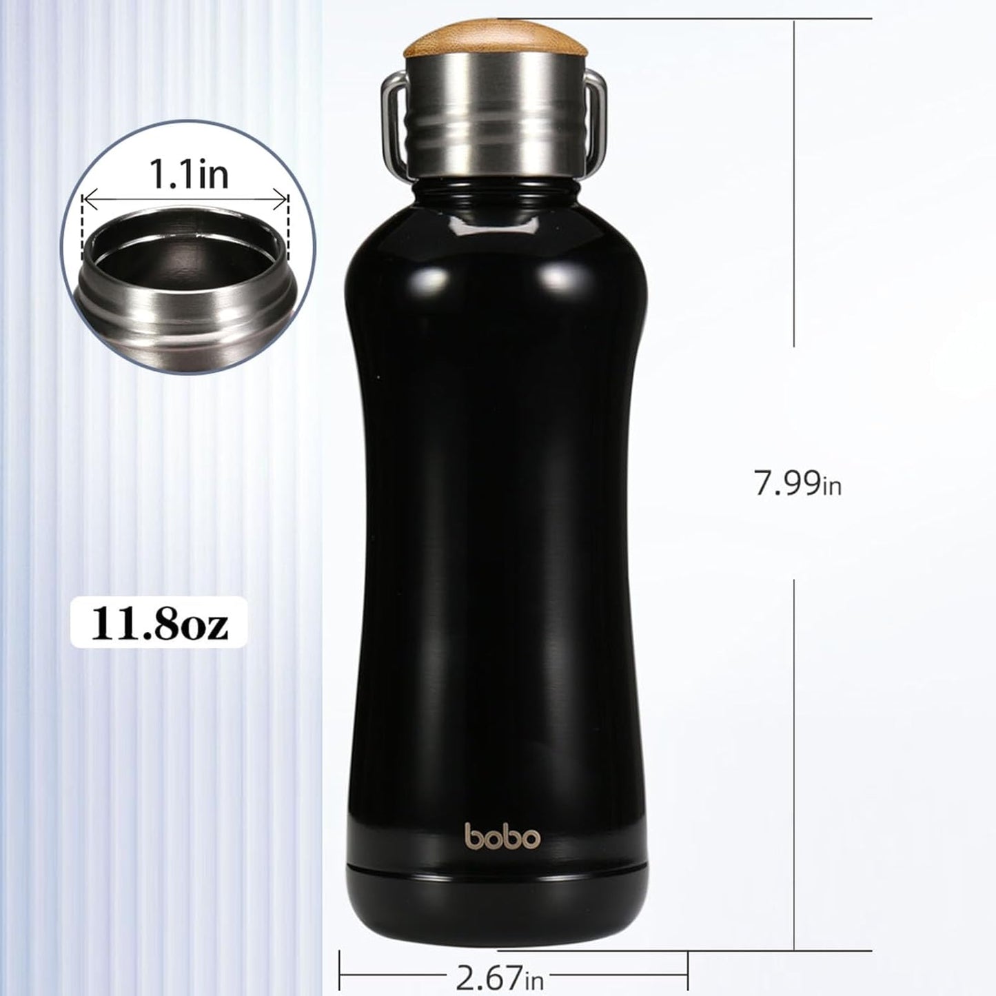 YOHKOH Mini Insulated Water Bottle With Bamboo Lid - 11.8oz Small Vacuum Insulated Water Bottle for Women Kids, 12 Hrs Hot & 24 Hrs Cold Stainless Steel Thermos Leak-Proof BPA-Free (11.8oz,Black)