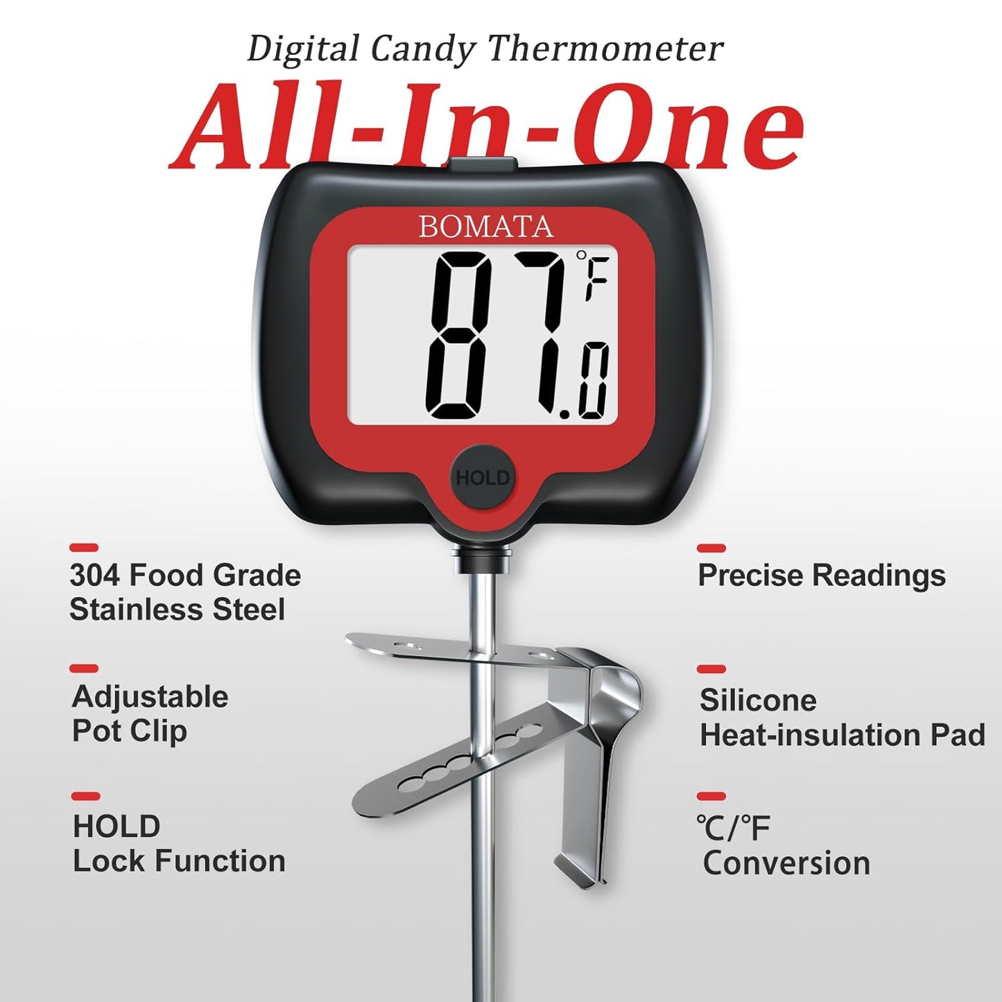 BOMATA Candy Thermometer with Pot Clip, Instant Read Cooking Thermometer with 8" Long Probe, Rotating Display, for Candy Making, Food, Candle Making, Liquids, Water, Baking, Sugar, Grilling. Black