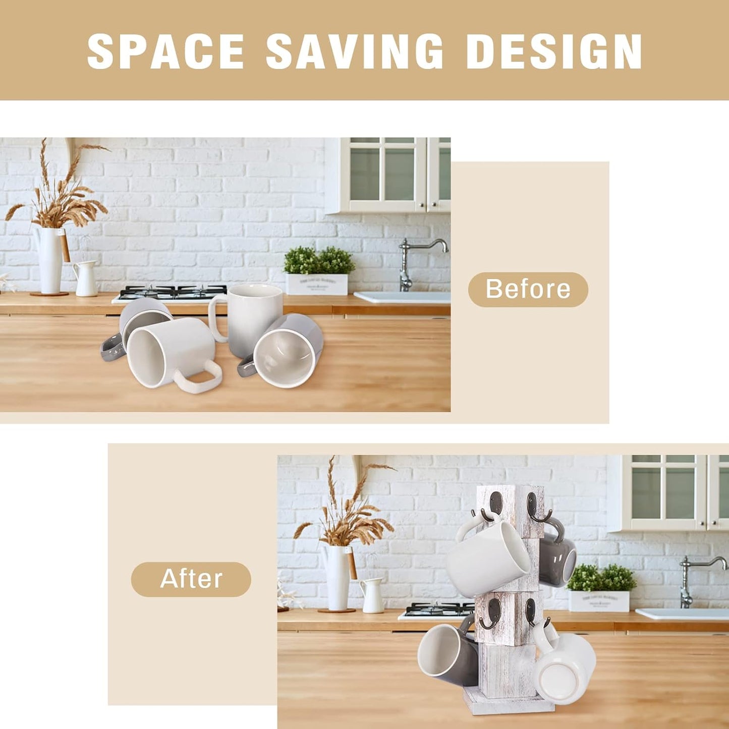 Coffee Mug Holder Tree, Rustic Solid Wood Mug Tree Stand with 8 Hooks, Farmhouse Coffee Cup Holder for Counter, Mug Hanger for Kitchen Organizer, Farmhouse White