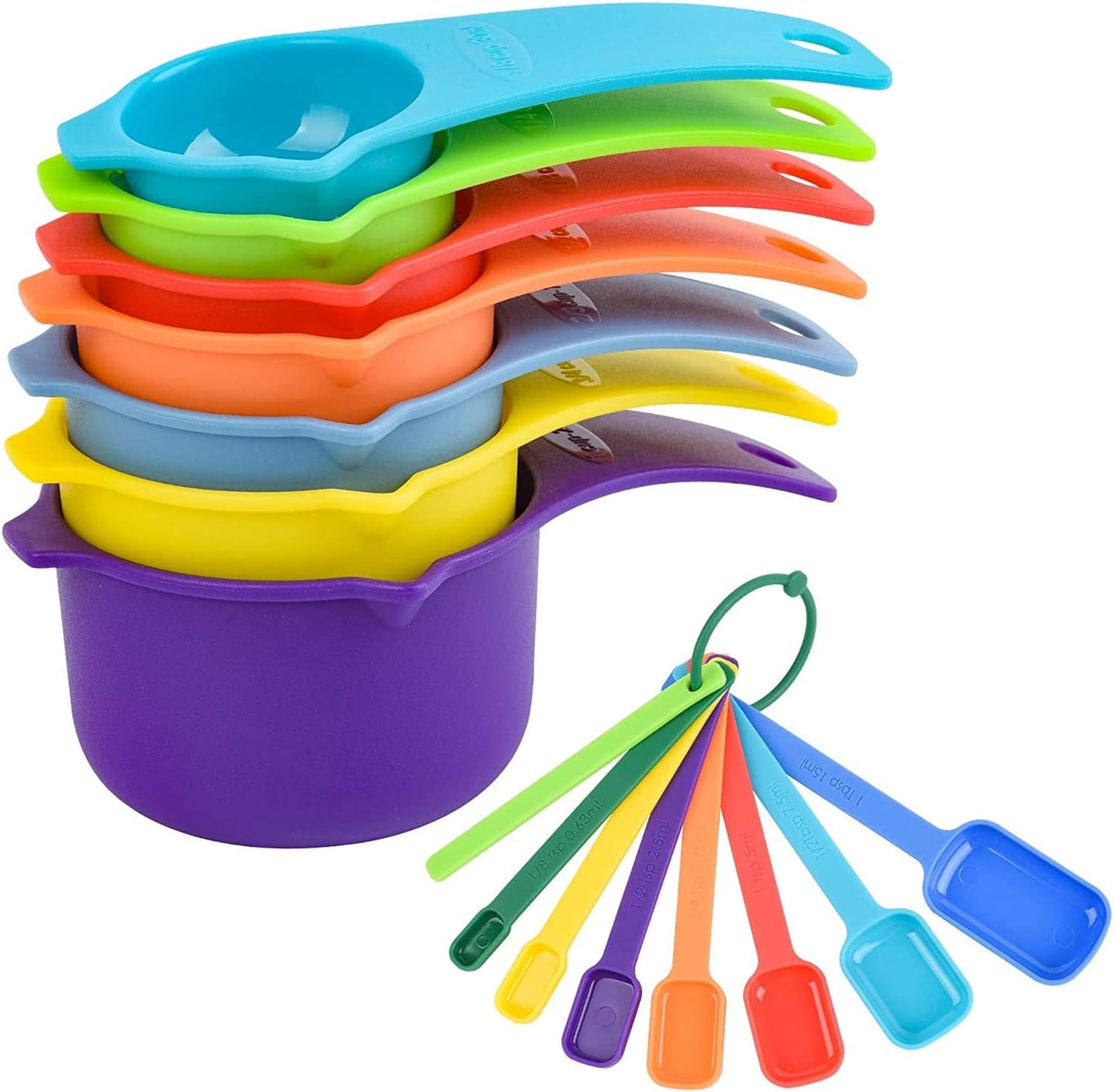 Measuring Cups and Spoons Set 15, 7 Plastic Measuring Cup Set, 7 Spice Long Handle Measuring Spoons with 1 Leveler for Kitchen and Baking, Dry Metric Measure Cups & Spoons Mixing Random Color
