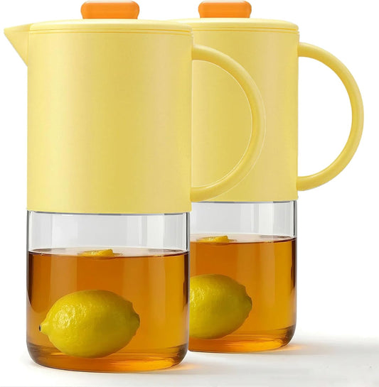 Delove Borosilicate Glass Pitcher with Lid & Auto Spout – Shatterproof Plastic Shell, Wide Mouth Design – 62 oz (1.9 Quart) Jug for Boiling Water, Iced Tea, Juice & Cold Brew Coffee (2, Yellow)