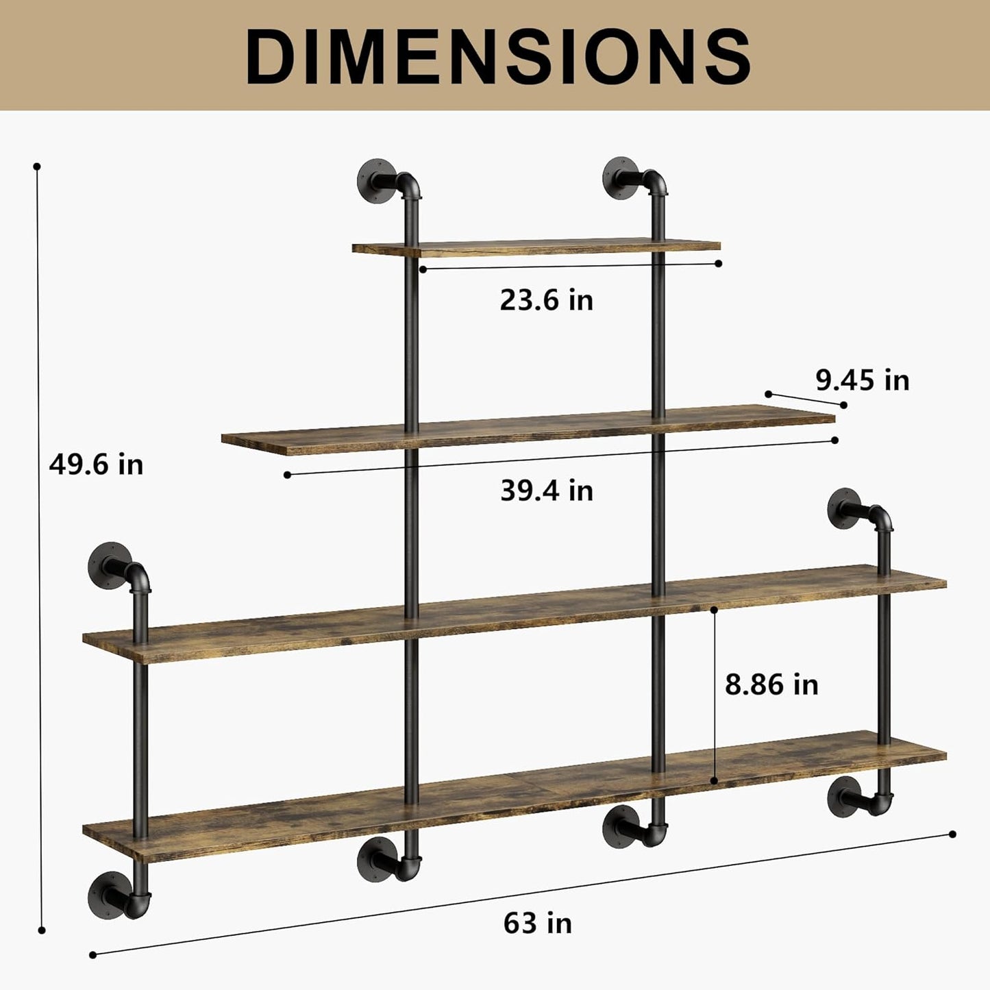 63" Industrial Pipe Shelving - 4 tier Rustic Solid Wood and Heavy Duty Metal Pipe Shelves for Wall,Kitchen Shelves Wall Mounted,Floating Bookshelf,Wall Shelves for Bathroom,Living Room,Coffee Bar