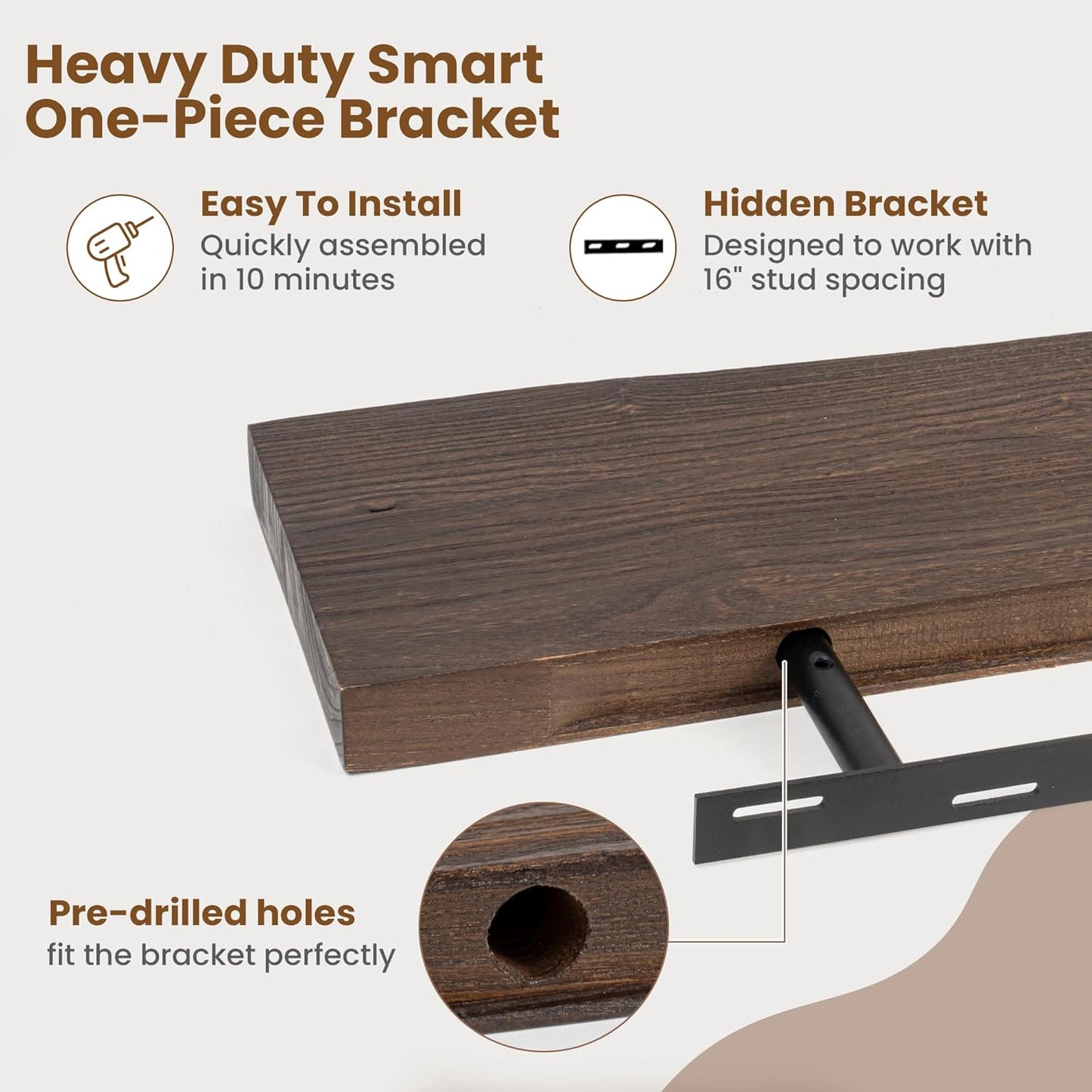 Floating Shelves for Wall Decor, Rustic Solid Elm Wood Live Edge Floating Shelves Wall Mounted, Wall Shelves with Invisible Bracket for Living Room Bathroom Bedroom Kitchen, 55 Inch, Walnut