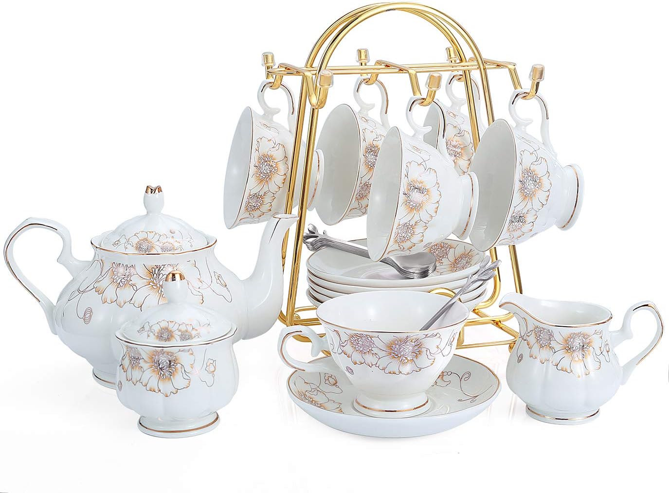 CHENP.HMC Tea Set 22-Piece Porcelain Ceramic Coffee Tea Gift Sets Cups Saucer Service for 6 Teapot Sugar Bowl Creamer Pitcher and Teaspoons (Chrysanthemum)