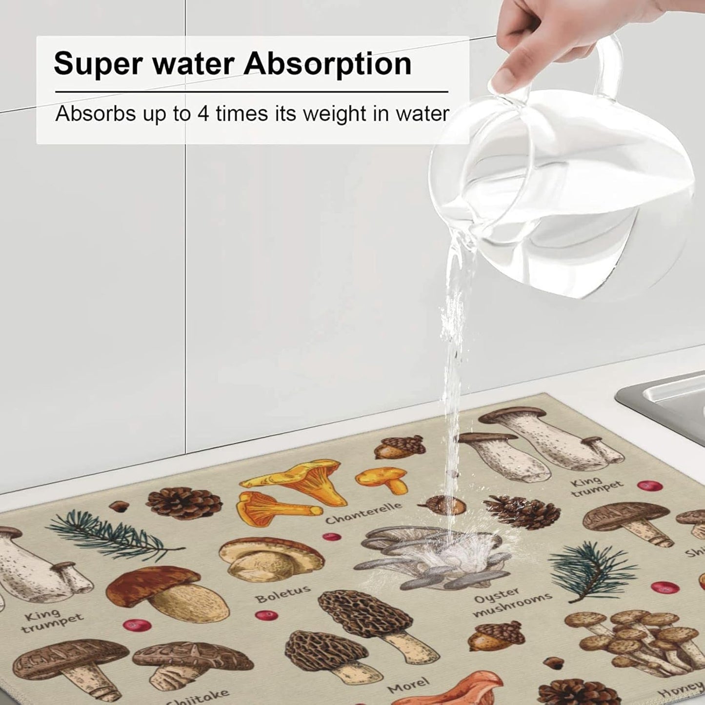 Mushroom Dish Drying Mats For Kitchen Counter XL Microfiber Kitchen Drying Mat Large Draining Pad Absorbent Quick Drying Dish Mat 18x24 Inch