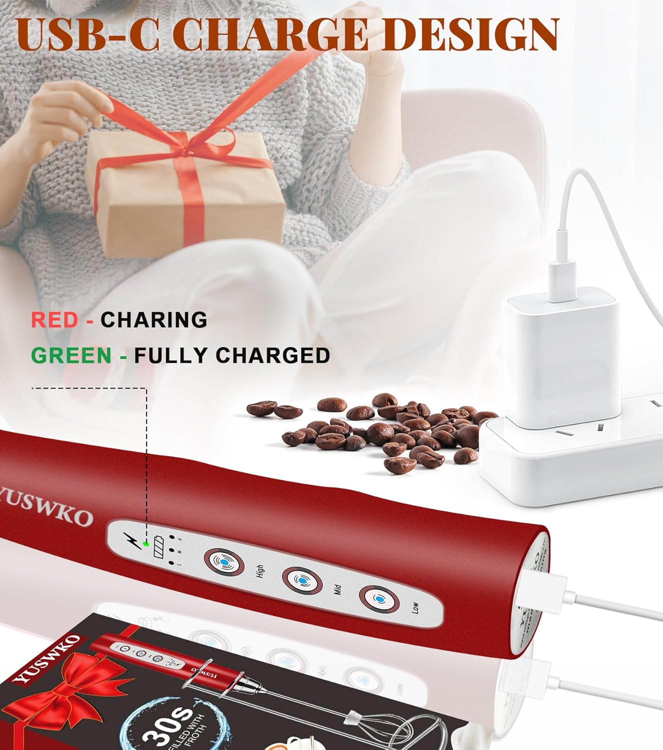 YUSWKO Milk Frother Handheld for Coffee with Stand, Rechargeable Drink Mixer with 3 Heads 3 Speeds Electric Coffee Frother Whisk, Gift for Many Occasions and Festival