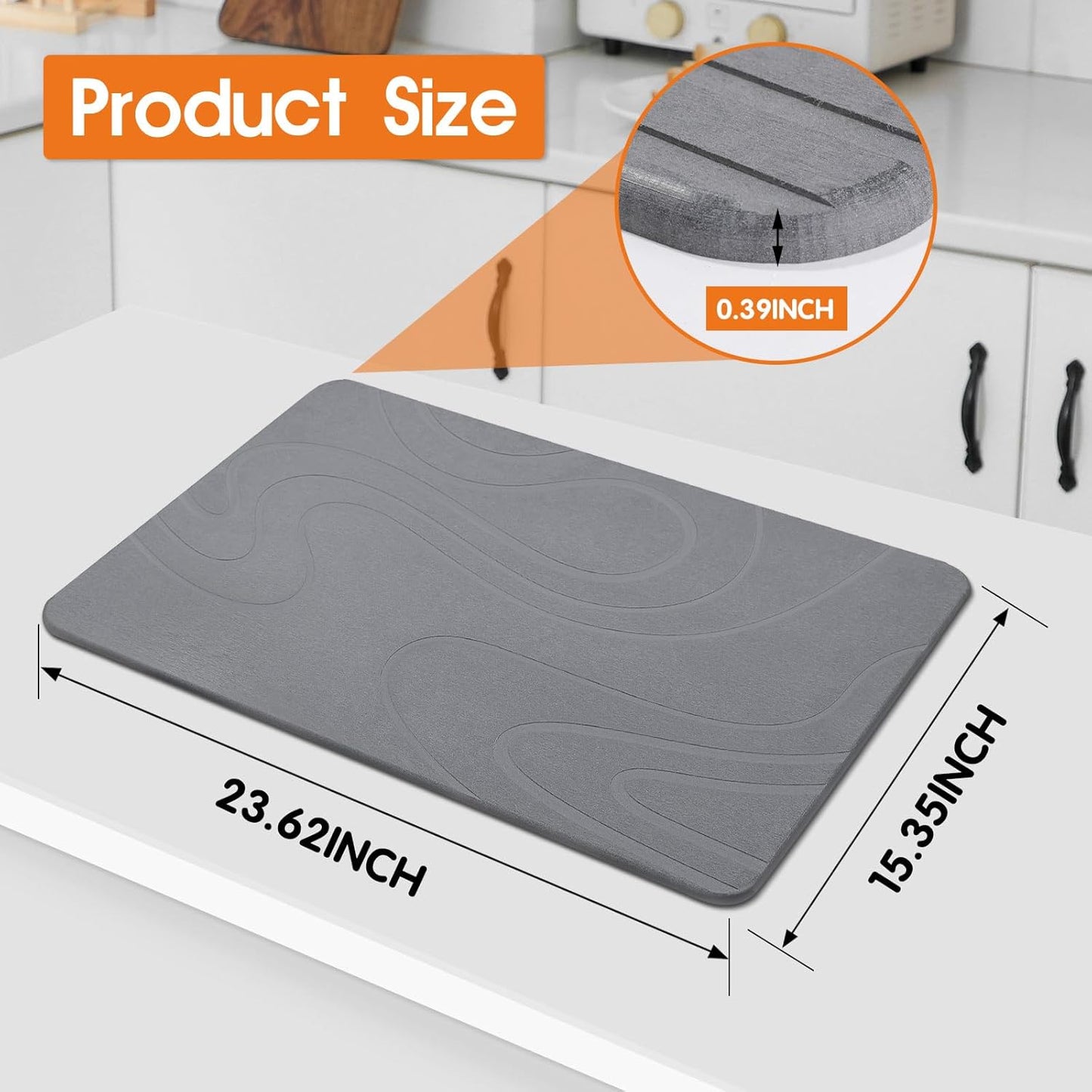 Large Stone Drying Mat for Kitchen Counter - 24"x16" Dirt-Resistant Quick Drying Fast Absorbent Non-Slip Diatomite Mat, Natural Diatomaceous Earth Dish Drying Pad for Dish Rack(Dark Grey)