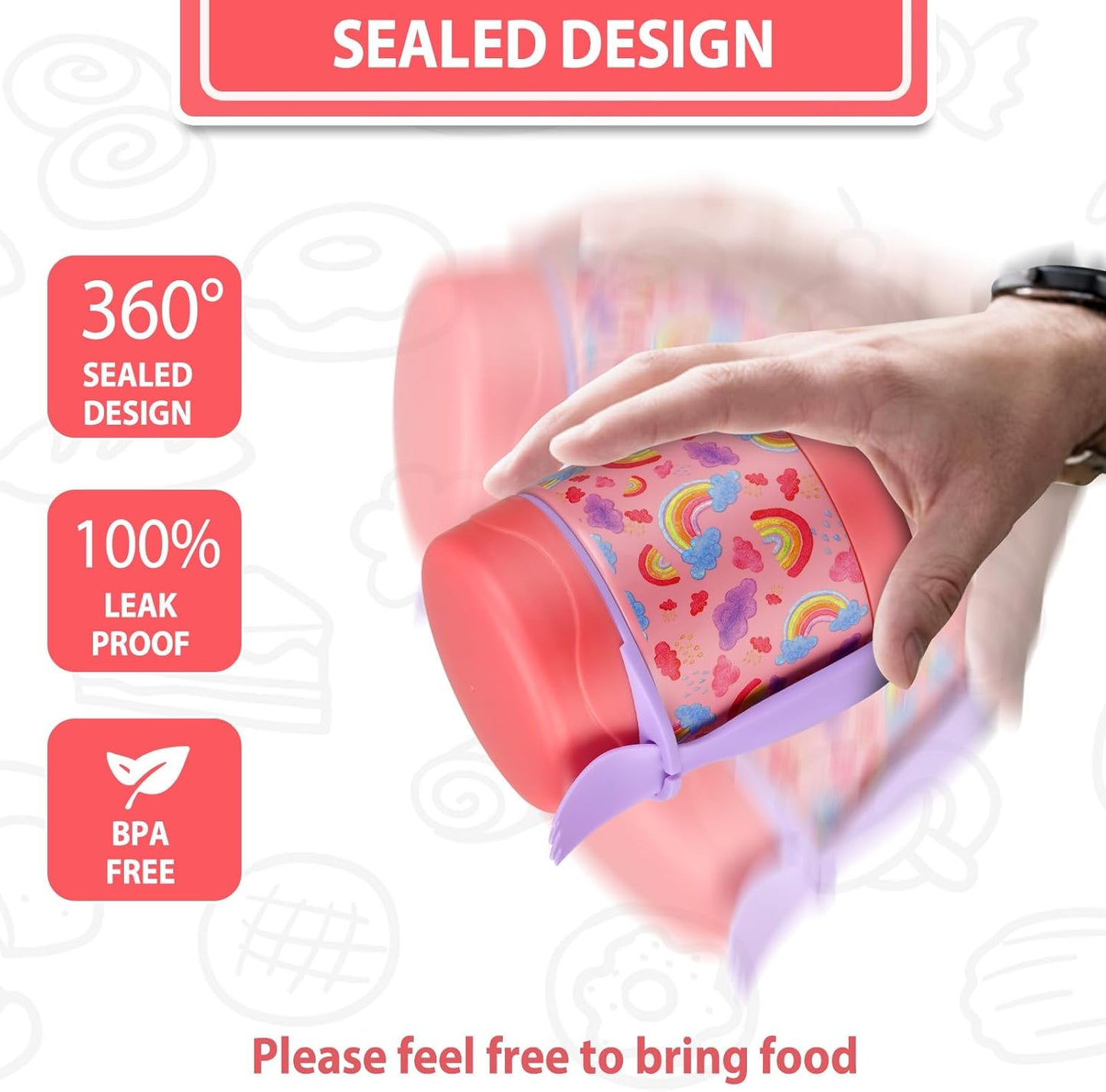 10oz Soup Thermo for Hot Food Kids,Lunch Thermo Kids Food Jar with Spoon Hot Insulated Food Containers,Leak Proof Stainless Steel Wide Mouth Lunch Food Thermo Jar for School(Pink-Rainbow)