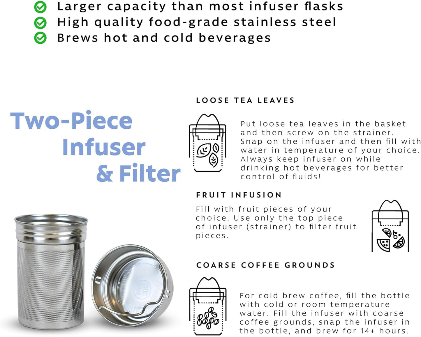 London Sip 25 oz Multi-Function Travel Mug and Tumbler Tea Infuser Water Bottle Fruit Infuser Flask Hot and Cold Double Wall Stainless Steel Coffee Thermos, Celestial Blue, Pack of 2