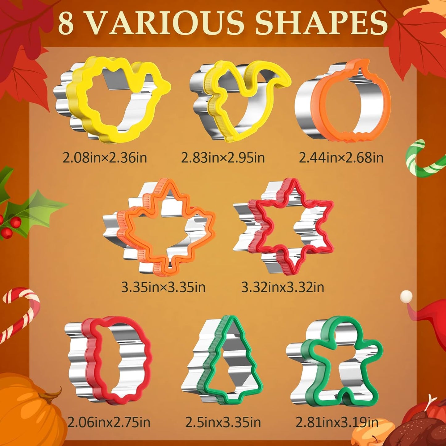 Fall Thanksgiving Cookie cutters Set 8 Pieces, Holiday Christmas Cookie Cutters Pumpkin Leaf Baking Cutters Shapes for Kids with Comfort Grip, Gingerbread Man, Turkey, Squirrel, Xmas Tree, Santa, etc